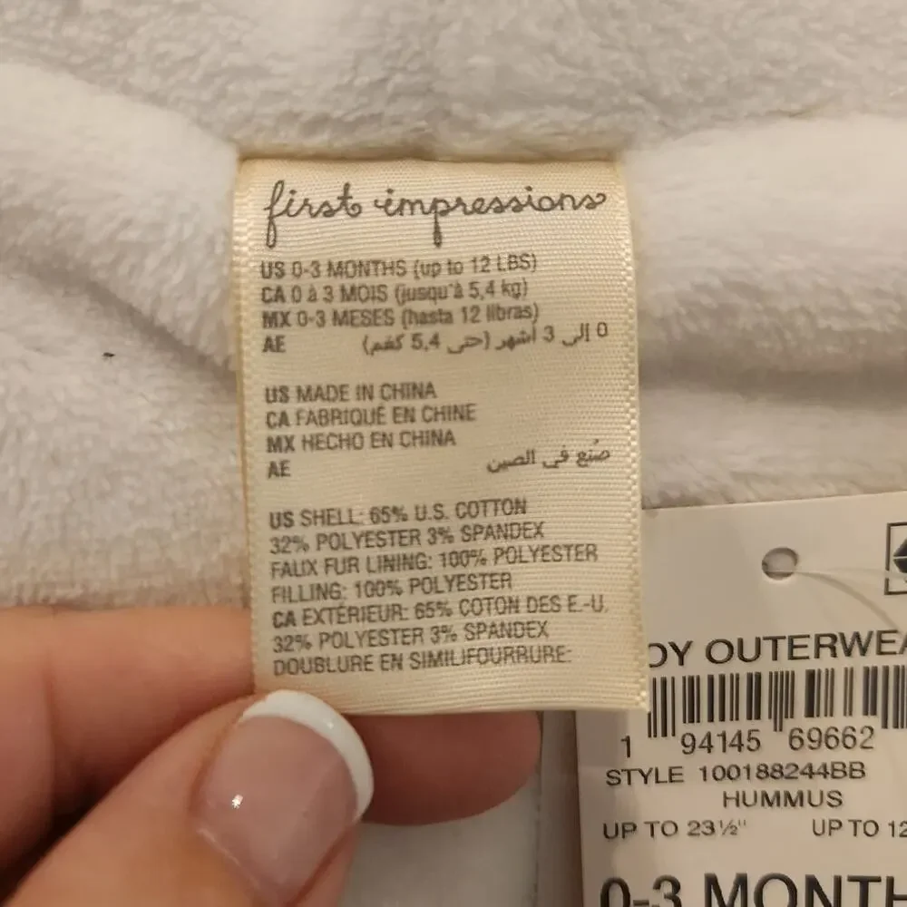NWT First Impressions Unisex Faux Sherpa Lined Hooded Jacket 0-3 Months